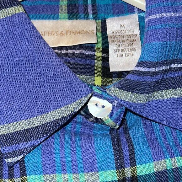Drapers & Damons Blouse Size Medium Blue Plaid Long Sleeves - Picture 9 of 9